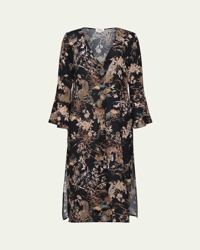 Sara Jungle Sheer Chiffon Long-Sleeve Maxi Dress